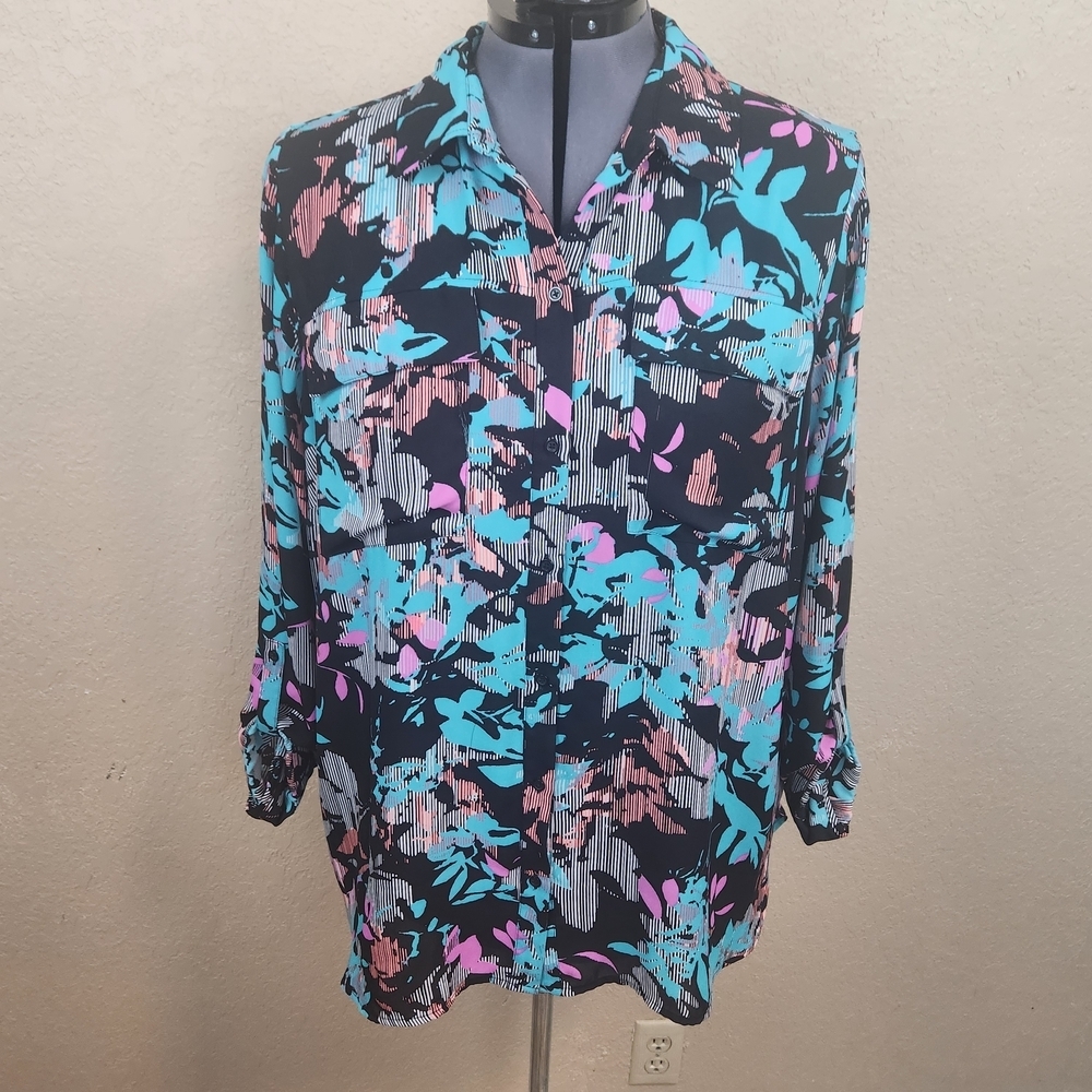 Boutique+ Blue Floral Print Women's Blouse 2X (7905)